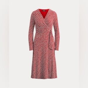 🐴 Ralph Lauren Equestrian Red Chain Print Jersey Surplice Dress Size US 8 🐴